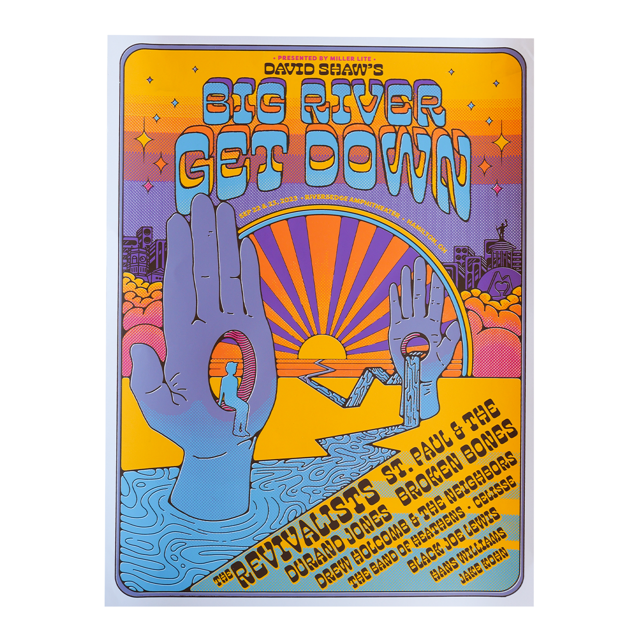 Psychedelic concert poster featuring a blue hand emerging from water against a colorful sunset backdrop.