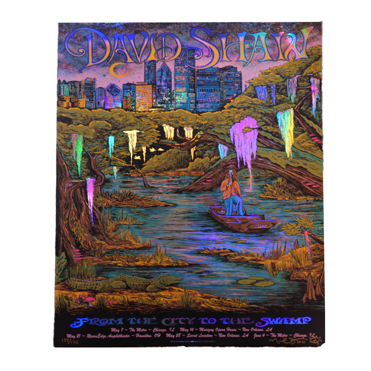 Colorful psychedelic-style poster featuring a cityscape, swamp, and the text ’David Shaw’.