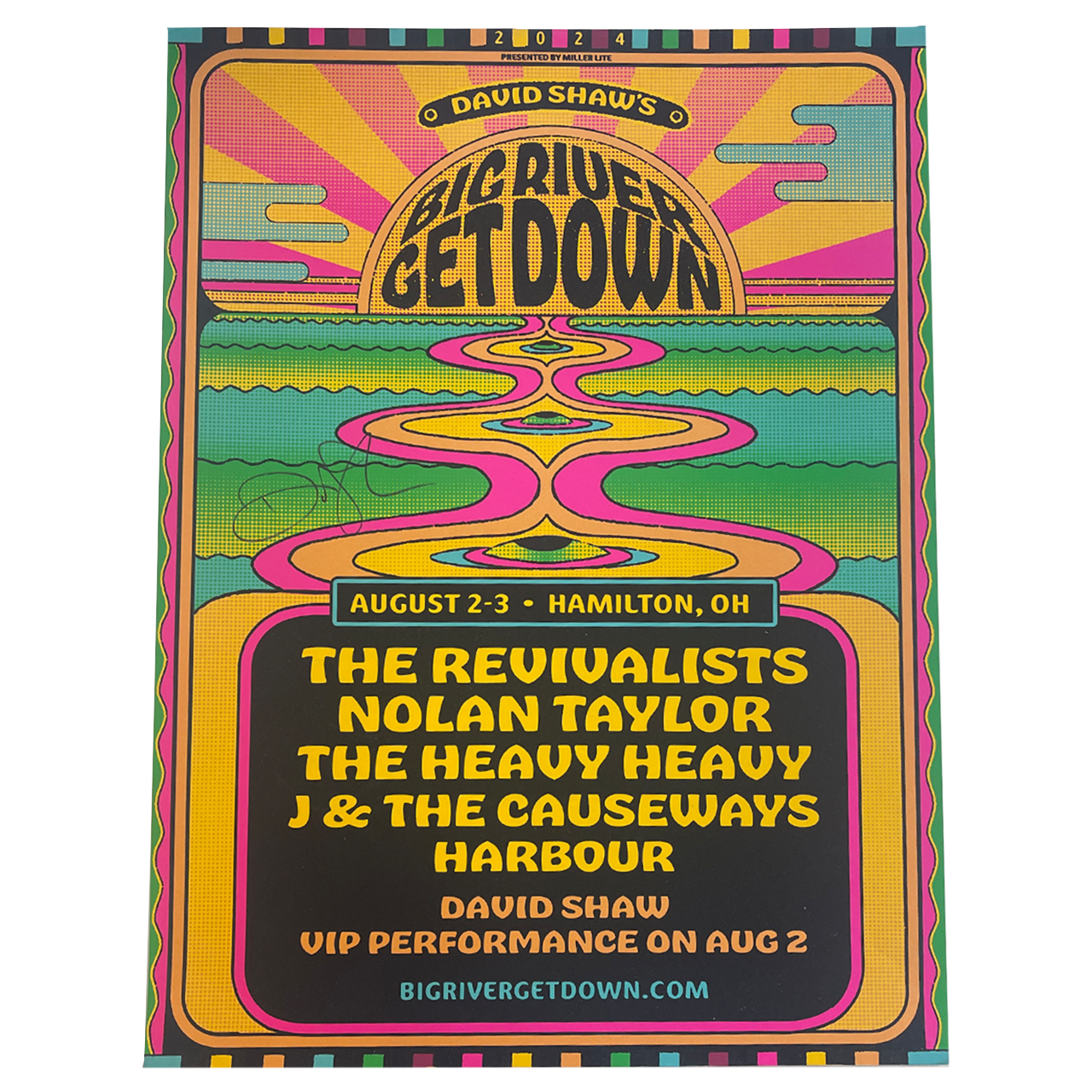 Psychedelic-style concert poster for ’Big River Get Down’ music festival featuring vibrant colors and wavy text.