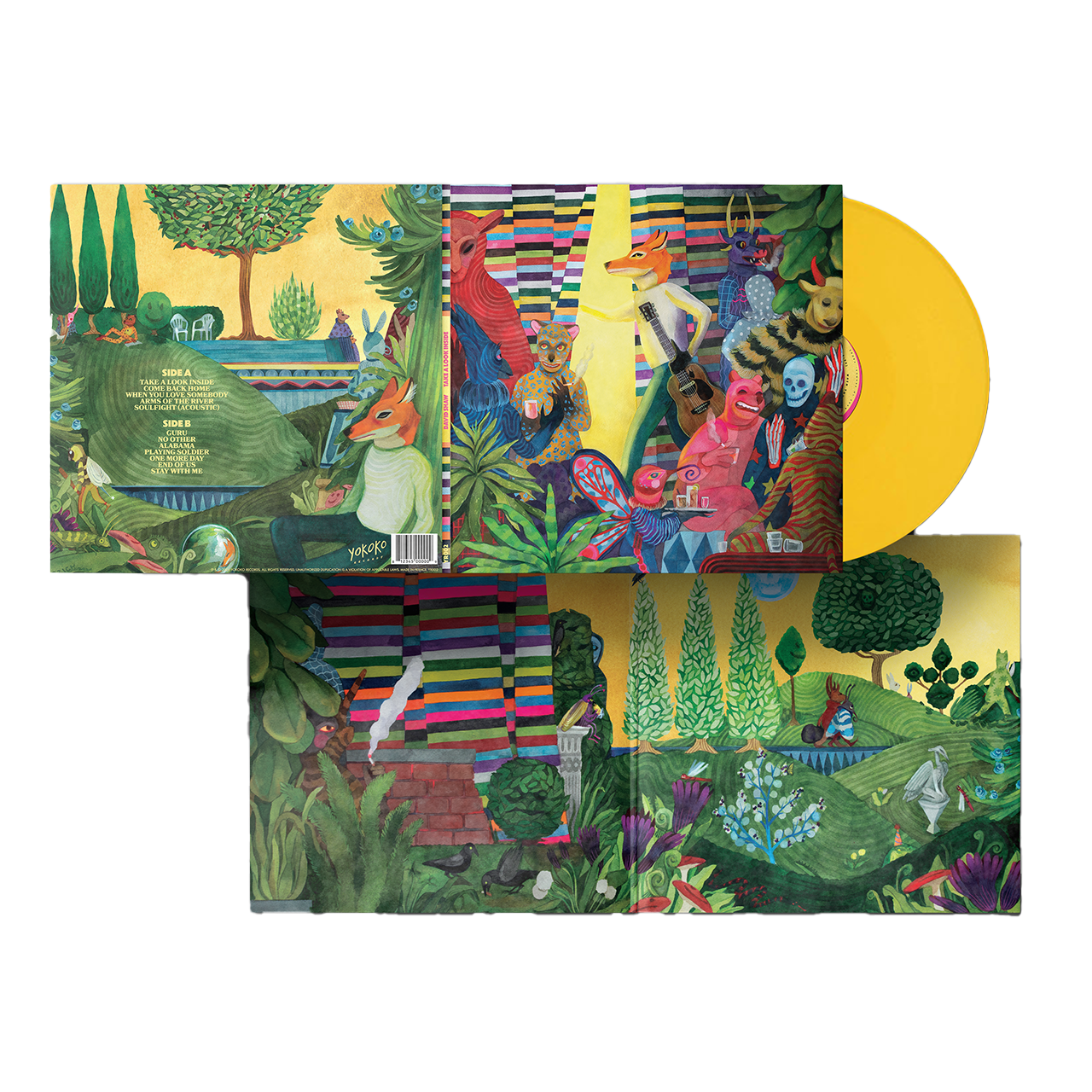 Colorful vinyl record album with vibrant, surreal jungle-themed artwork on its cover and inner sleeve.
