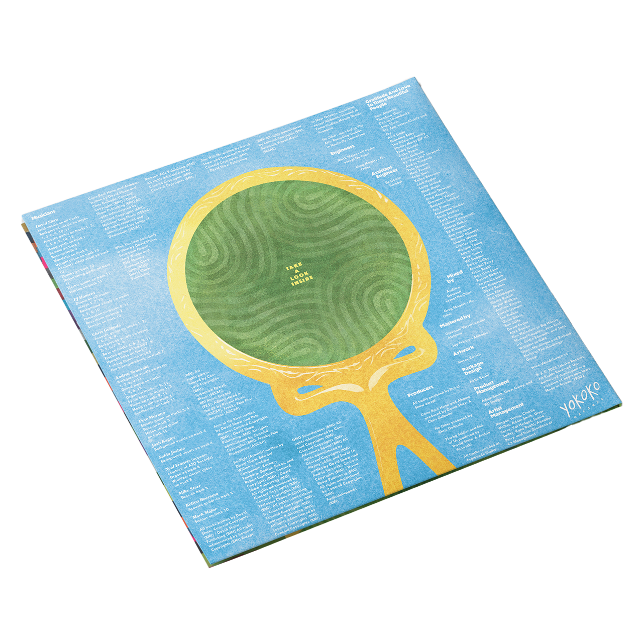 Stylized yellow magnifying glass with a green circular lens on a blue background.
