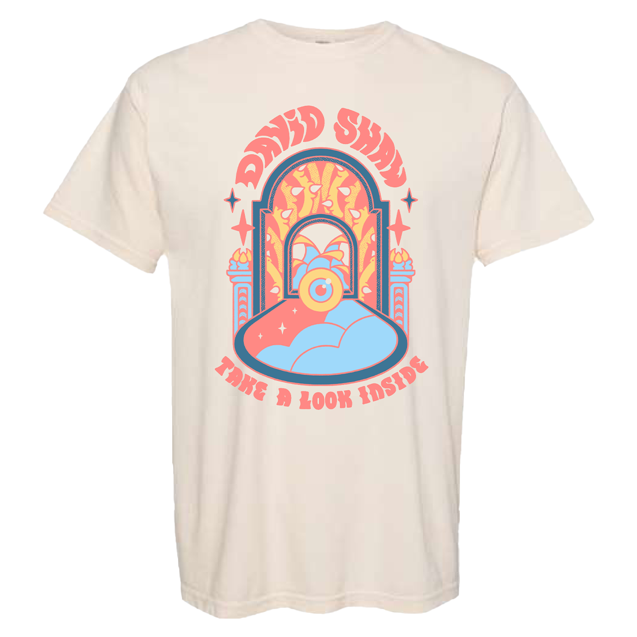 Cream-colored t-shirt with a colorful retro-style graphic design featuring the text ’DAVID SHRIGLEY’ and ’HAVE A GOOD THING’.