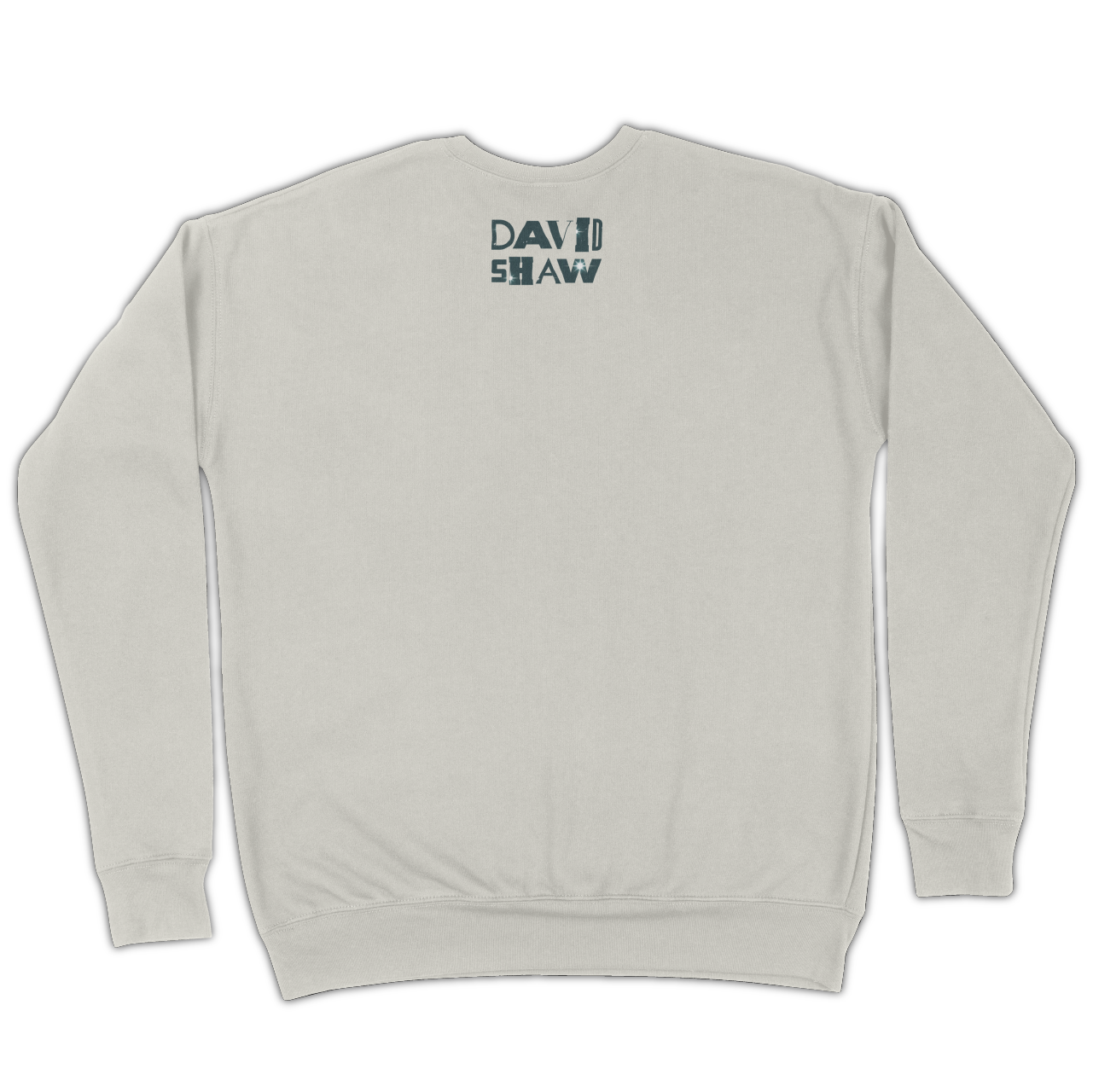 Light gray sweatshirt with ’DAVID SHAW’ printed on the upper back.