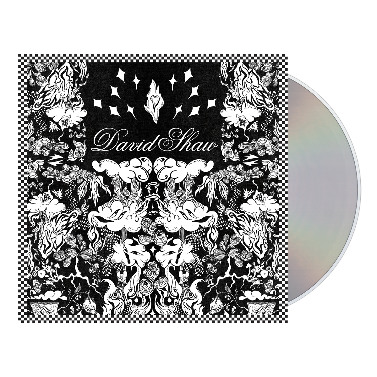 CD album cover featuring intricate black and white floral and animal designs surrounding the artist name ’David Shaw’.