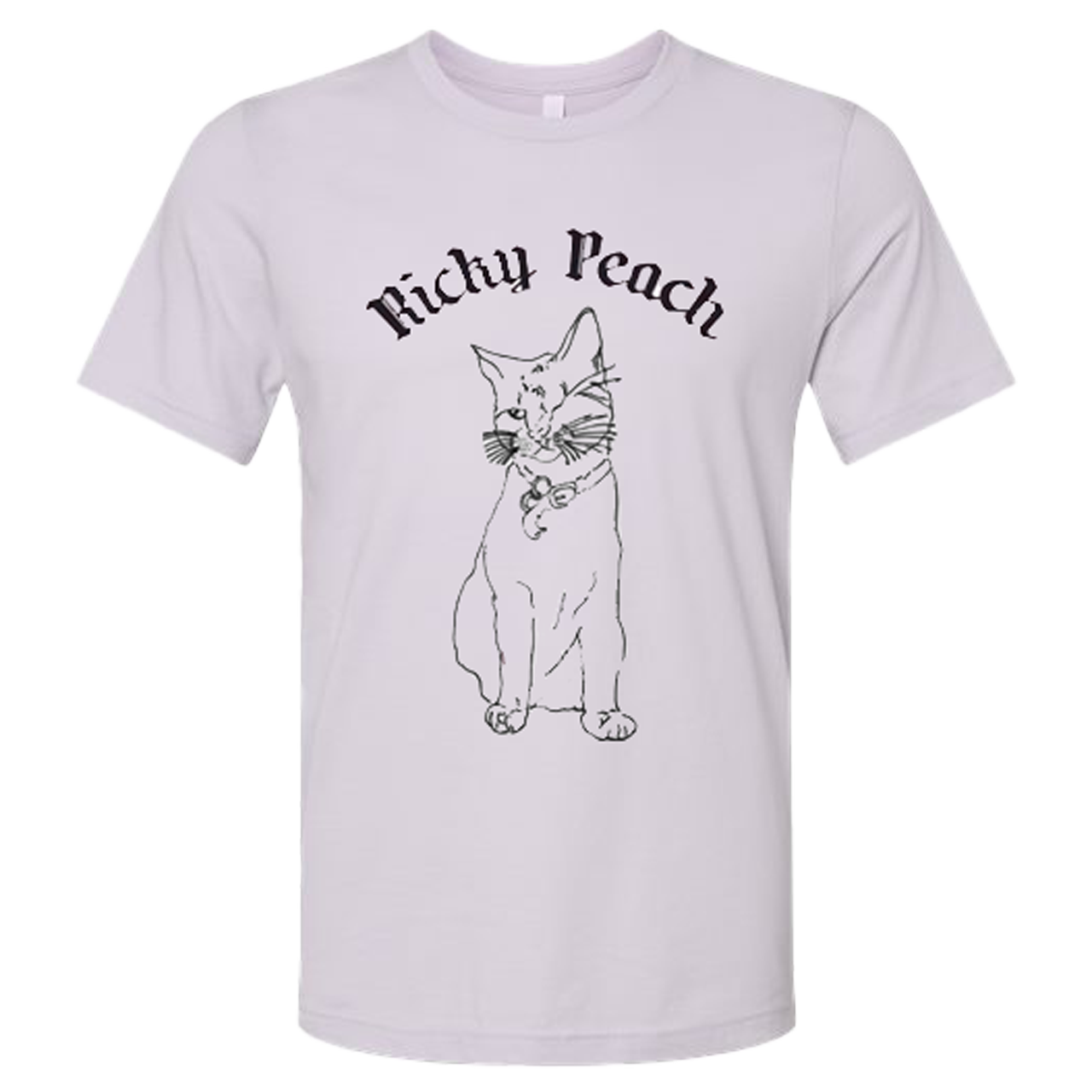 Light-colored t-shirt featuring a black line drawing of a cat and the text ’Richy Peach’ above it.
