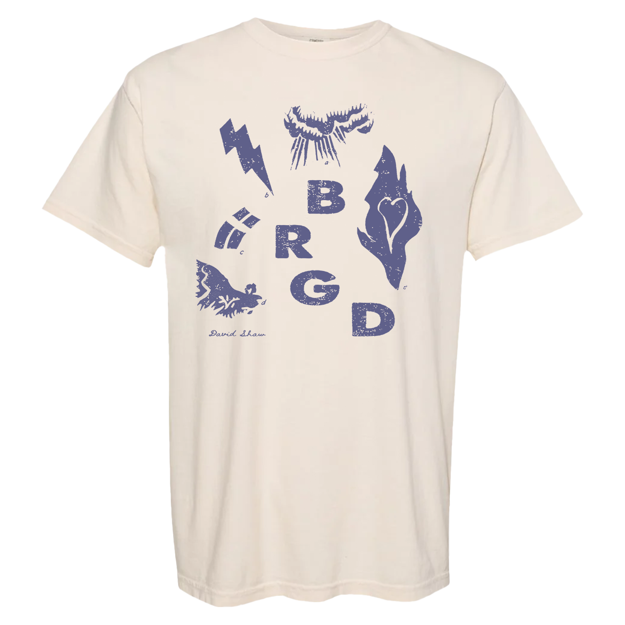 Cream-colored t-shirt with blue graphic designs including letters ’BRGD’ and various symbols.