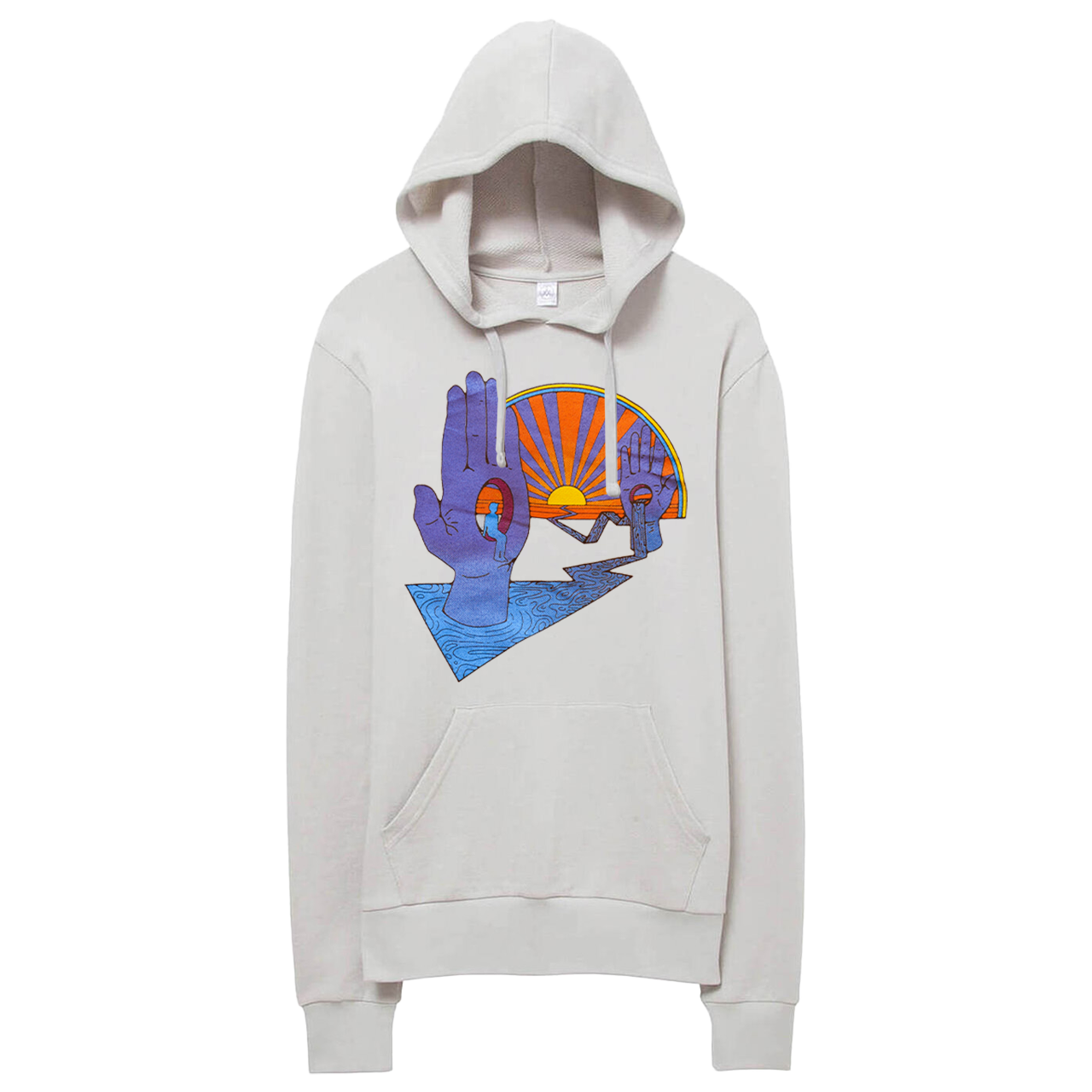 White hooded sweatshirt with a colorful graphic design on the front.