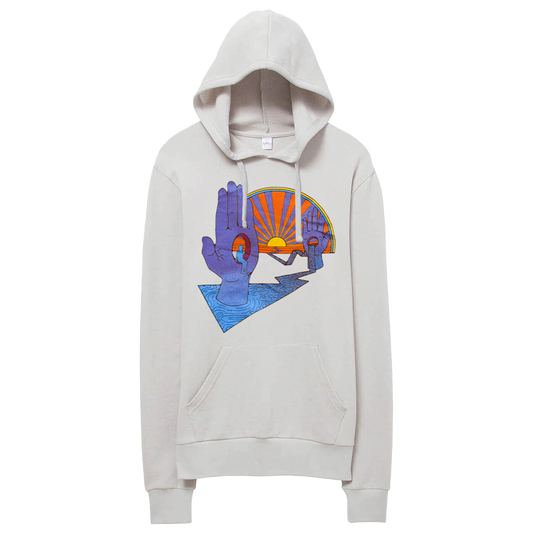 White hooded sweatshirt with a colorful graphic design on the front.