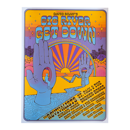 Psychedelic concert poster for ’Big River Gets Down’ featuring vibrant colors and stylized imagery.