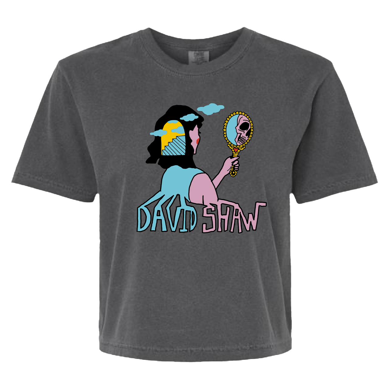 Gray t-shirt featuring a colorful cartoon-style graphic and the text ’David Shaw’.