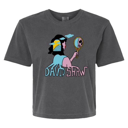 Gray t-shirt featuring a colorful cartoon-style graphic and the text ’David Shaw’.