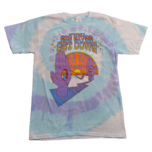 Tie-dye t-shirt with a psychedelic ’Get Down’ design featuring colorful hands and a sunset.