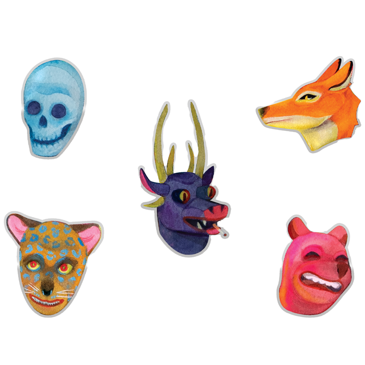 Collection of colorful cartoon-style animal and creature face masks or icons.