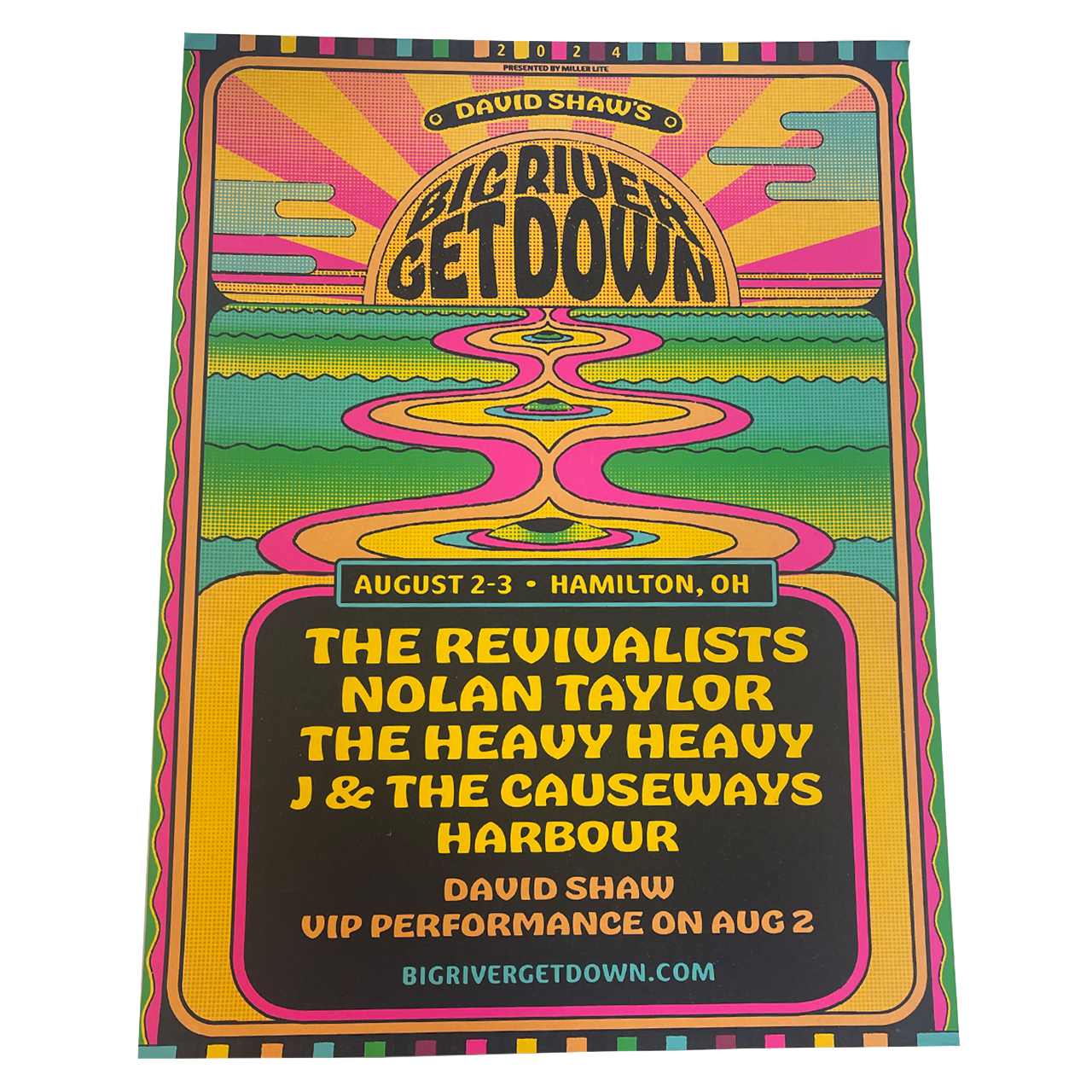 Psychedelic-style concert poster for ’Big River Get Down’ music festival featuring vibrant colors and wavy designs.