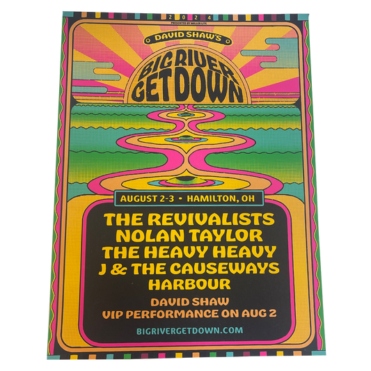 Psychedelic-style concert poster for ’Big River Get Down’ music festival featuring vibrant colors and wavy designs.