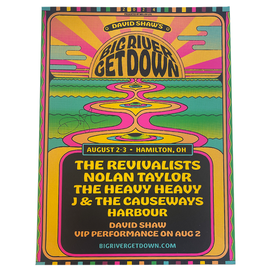 Psychedelic-style concert poster for ’Big River Get Down’ music festival featuring vibrant colors and wavy text.