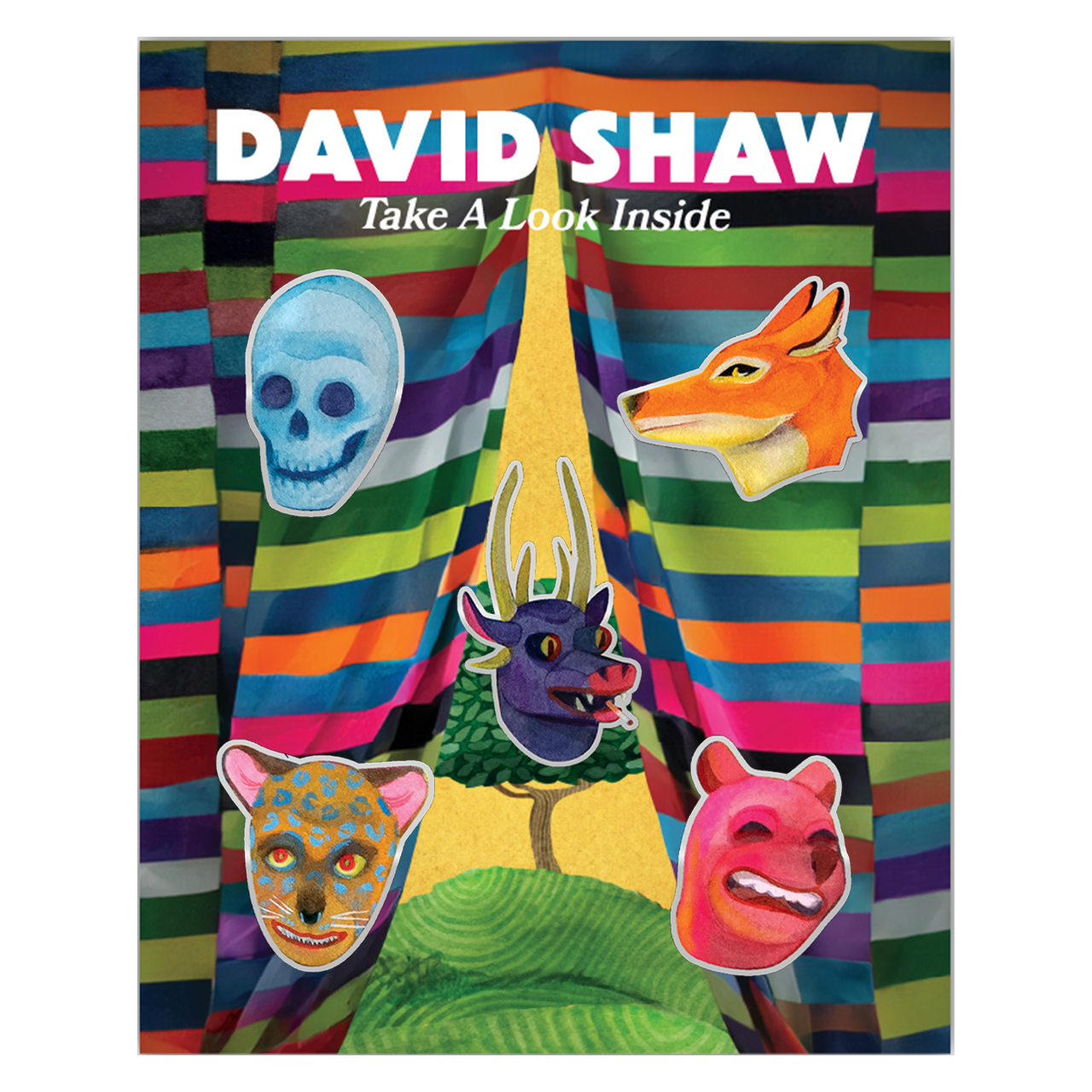 Colorful album cover featuring various animal heads and a skull against striped backgrounds.