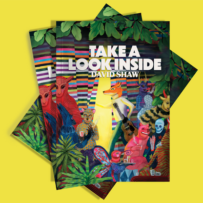 Book cover titled ’Take a Look Inside’ by David Shaw featuring colorful illustrations of animals and plants.