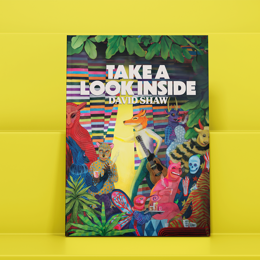 Colorful book cover titled ’Take a Look Inside’ by David Shaw featuring vibrant jungle animals and foliage.