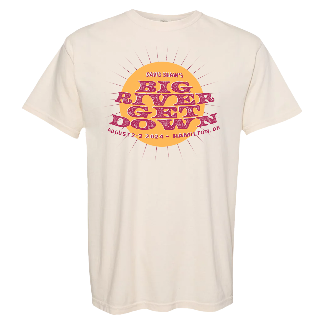 Cream-colored t-shirt with colorful retro-style ’Big River Lay Down’ event graphic on the front.