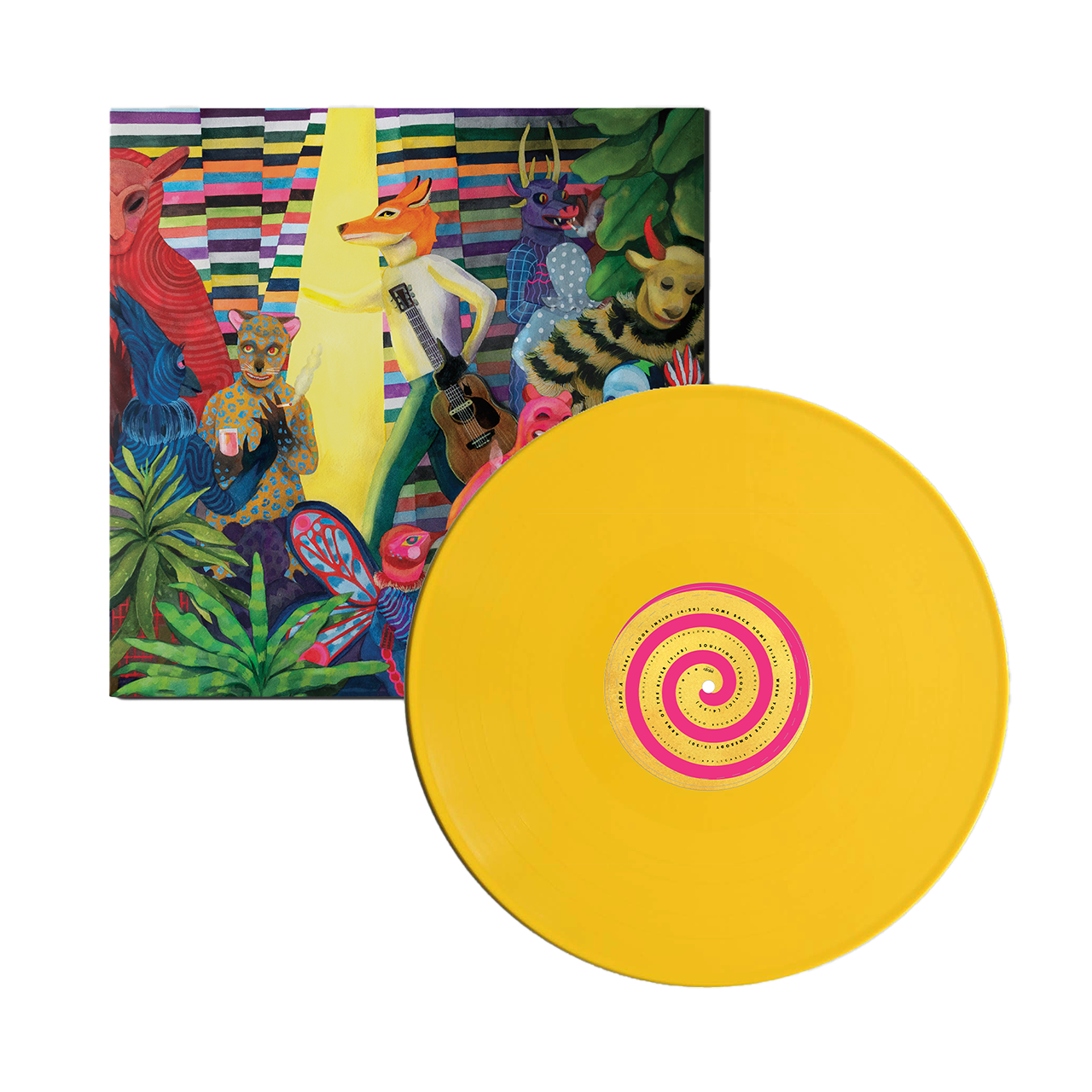 Yellow vinyl record with a pink spiral design on its surface.