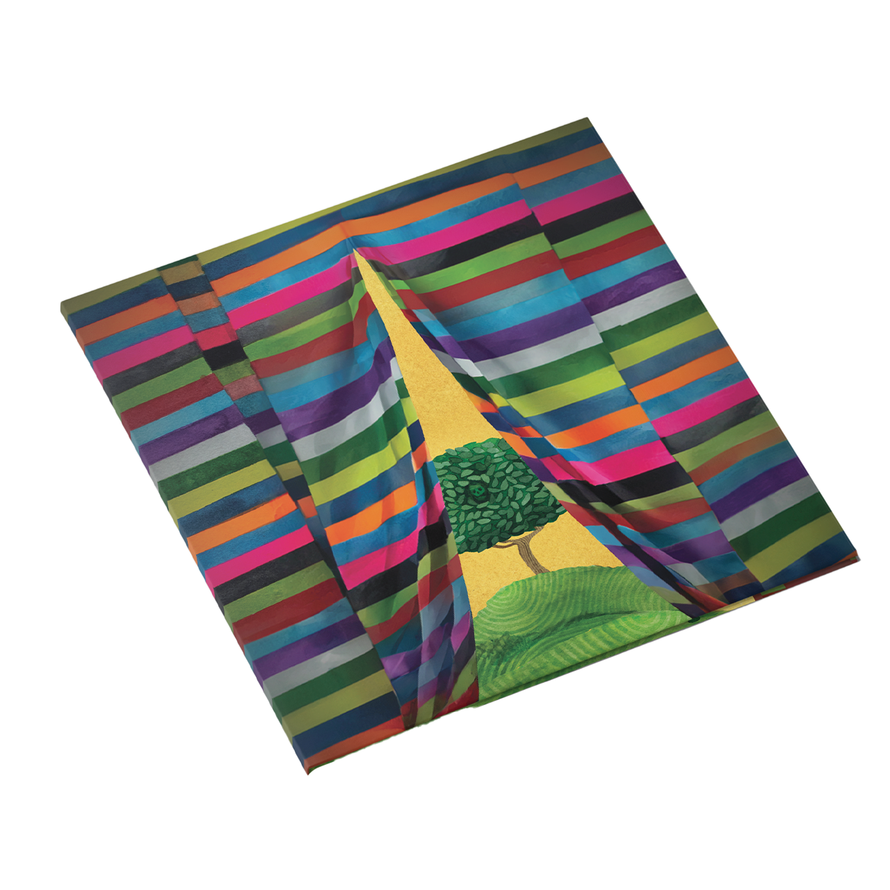 Colorful striped scarf or shawl with a triangular pattern revealed in the center.