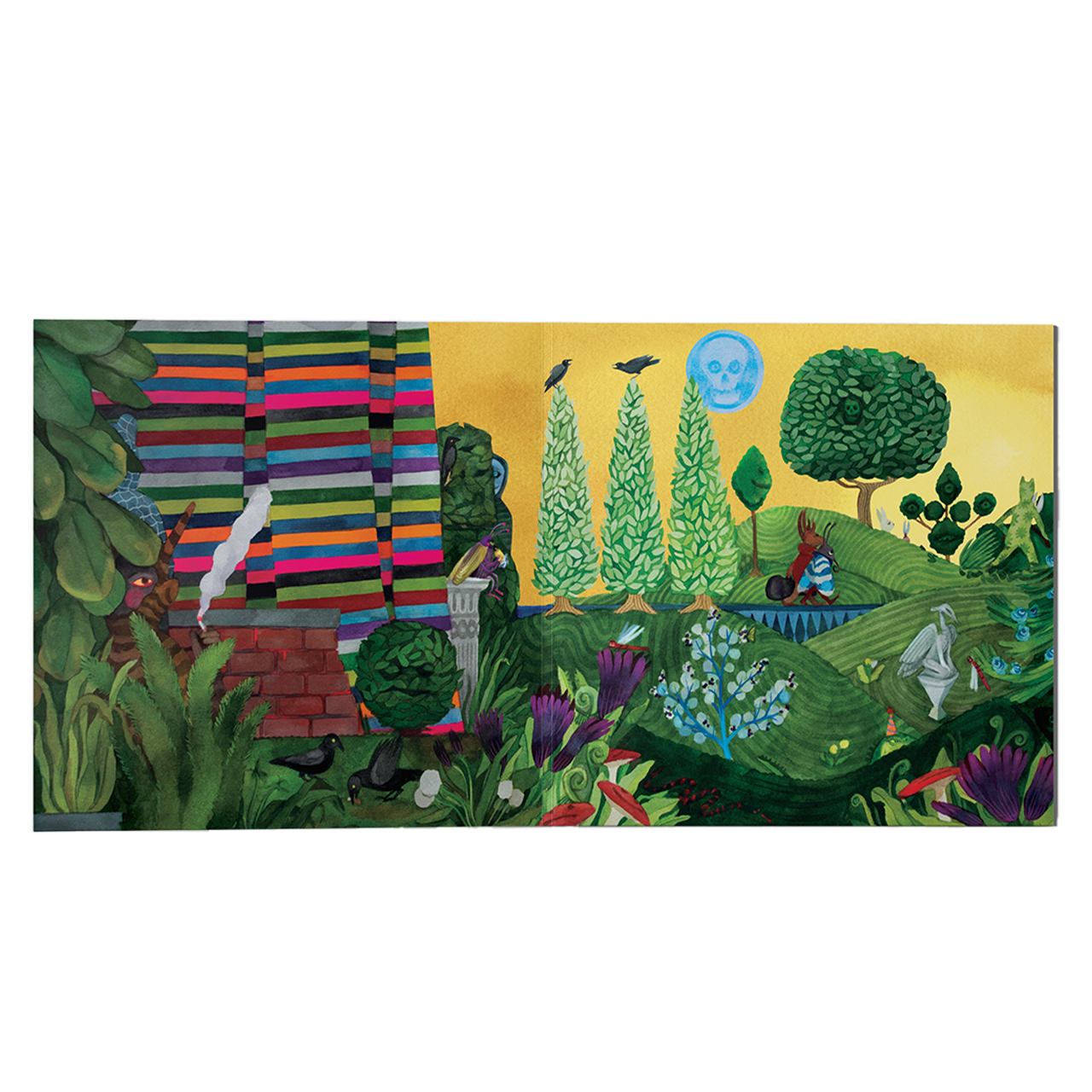 Colorful and whimsical garden scene with diverse plants, geometric shapes, and fantastical elements.