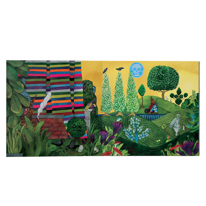 Colorful and whimsical garden scene with diverse plants, geometric shapes, and fantastical elements.