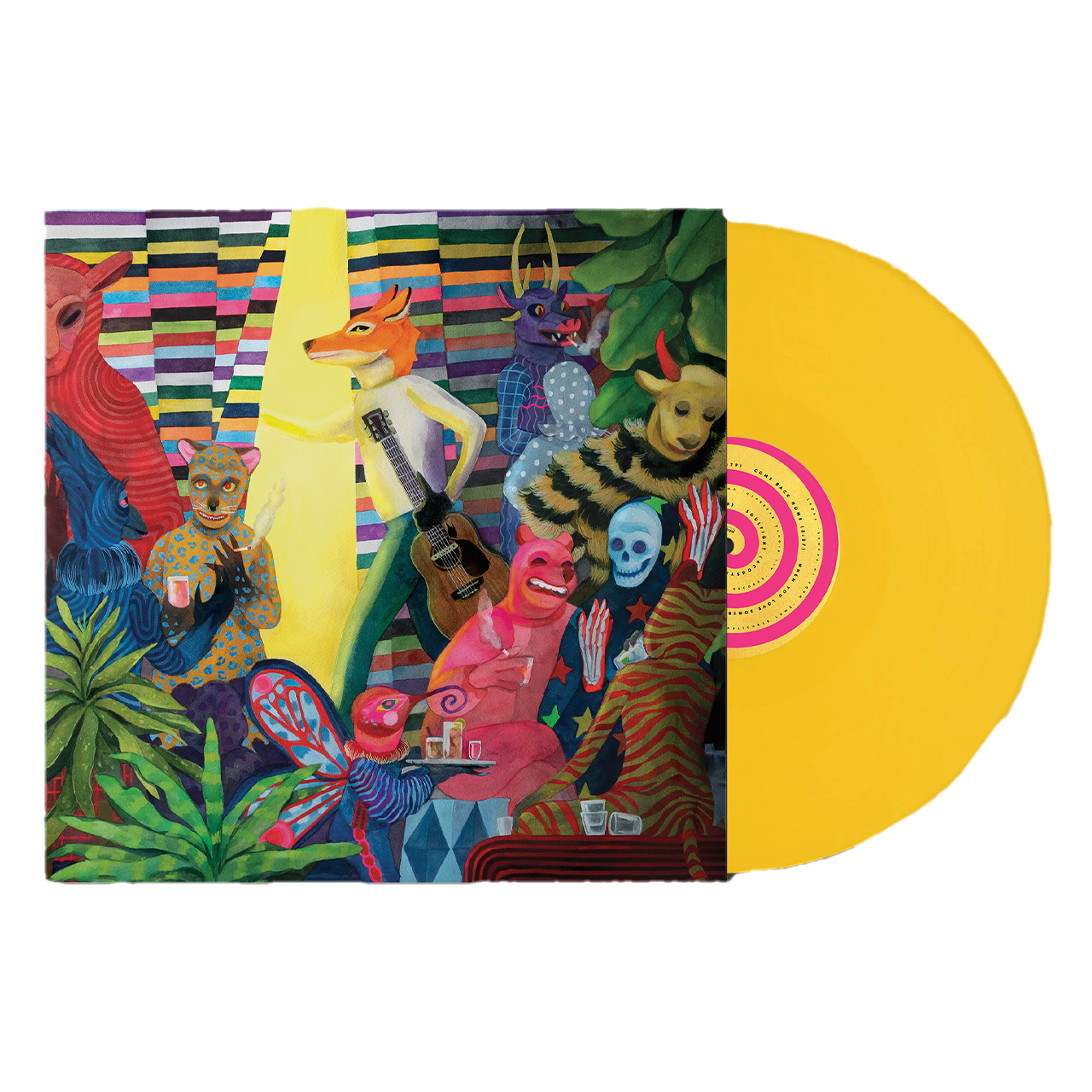 Colorful album cover artwork paired with a bright yellow vinyl record.