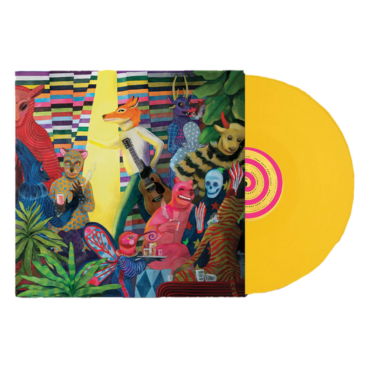 Colorful album cover artwork paired with a bright yellow vinyl record.