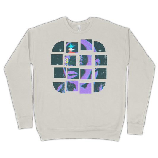 Light gray sweatshirt with a colorful geometric design on the front.