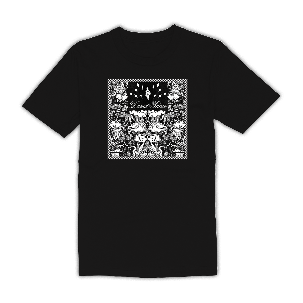 Black t-shirt with a square graphic design featuring intricate black and white artwork on the front.