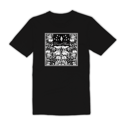 Black t-shirt with a square graphic design featuring intricate black and white artwork on the front.