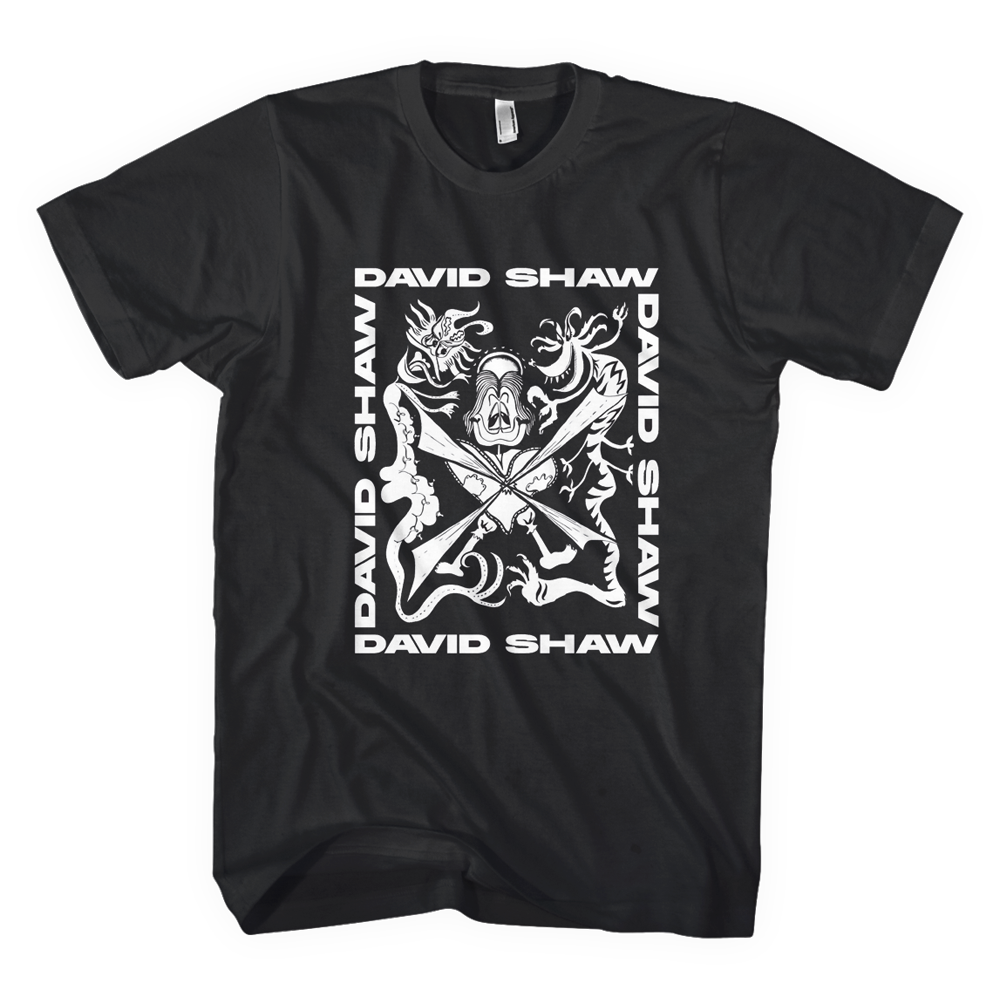 Black t-shirt with white graphic design featuring crossed guitars and the name ’David Shaw’ repeated.