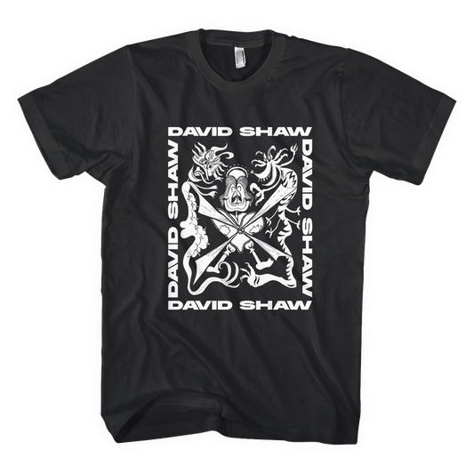 Black t-shirt with white graphic design featuring crossed guitars and the name ’David Shaw’ repeated.