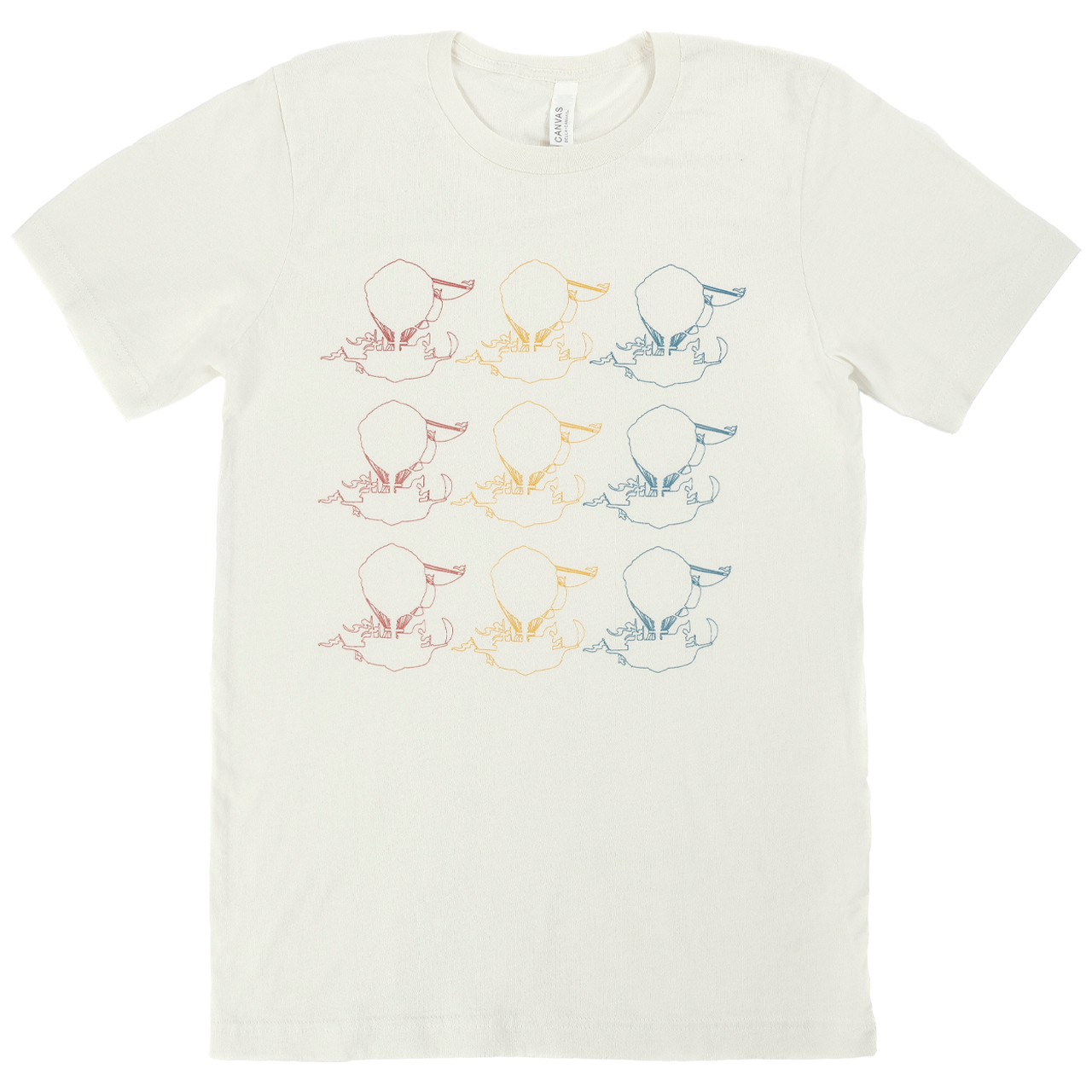 White t-shirt with repeated colorful dinosaur silhouette prints.