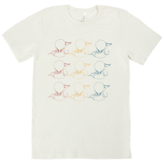 White t-shirt with repeated colorful dinosaur silhouette prints.