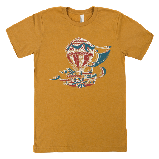 Mustard yellow t-shirt with a colorful hot air balloon design on the front.