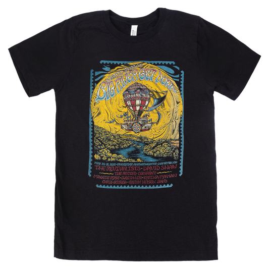 Black t-shirt featuring a colorful psychedelic concert poster design.