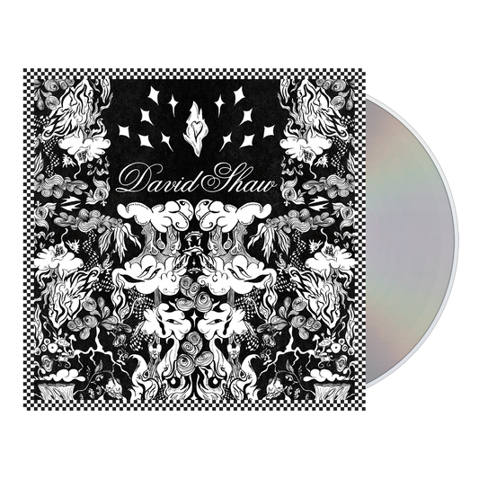 CD album cover featuring intricate black and white floral and animal designs surrounding the artist name ’David Shaw’.