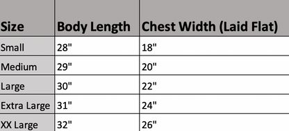 Size chart showing body length and chest width measurements for different garment sizes.