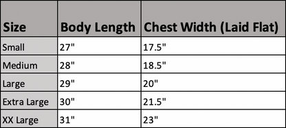 Size chart for clothing showing body length and chest width measurements.