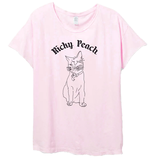 Pink t-shirt featuring a black line drawing of a cat and the text ’Ricky Peach’ above it.