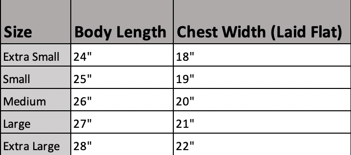 Size chart displaying body length and chest width measurements for different garment sizes.